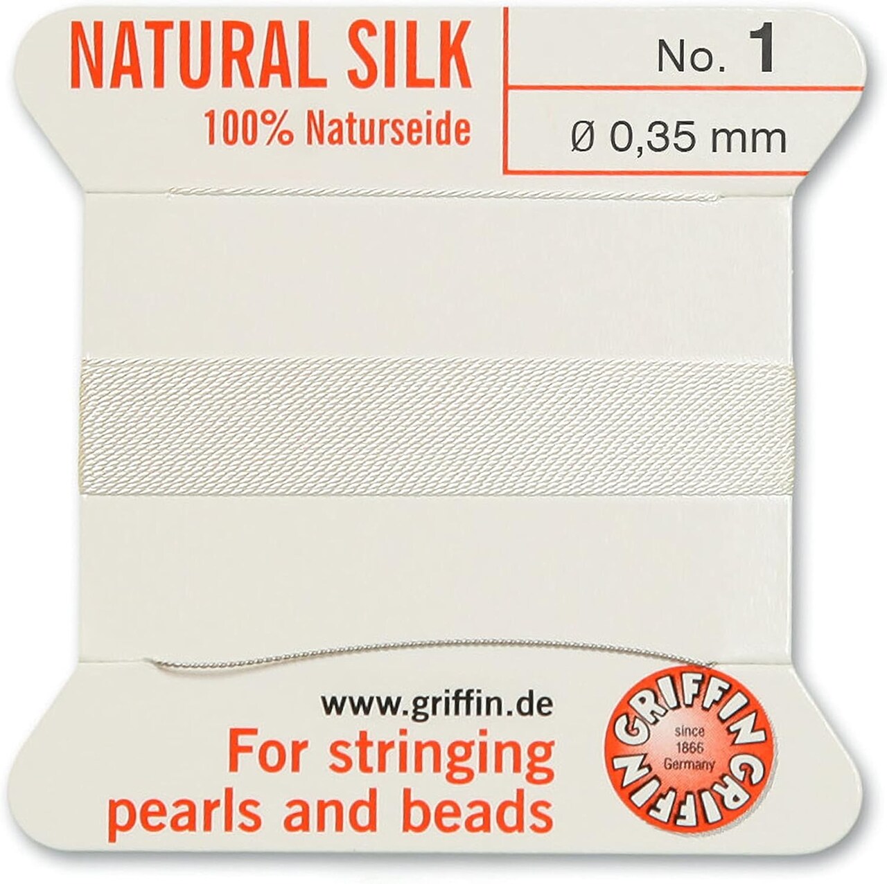 Griffin Silk Bead Cord Perlseide – Size 2 (0.45mm) – 2 Meters per Card – Stainless Steel Needle Attached – for Knotting Pearls, Gemstones, Crystals and Beads